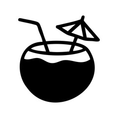Black and white icon of a tropical drink served in a coconut with a straw and cocktail umbrella, summer-themed design.