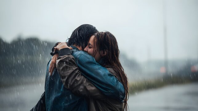 A couple embraces in the rain, seeking solace and comfort in each other's arms amidst the downpour, finding warmth in connection.