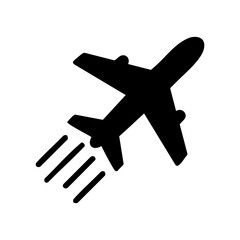 Obraz premium Silhouette icon of an airplane ascending with speed lines, representing air freight, travel, global shipping, and express transportation services.