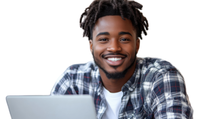 Smiling man using laptop with plaid shirt isolated on white background, casual working or browsing concept, perfect for remote work, freelance lifestyle, technology use, and modern digital themes