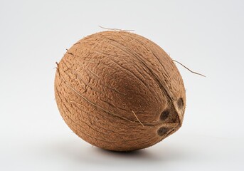 A single coconut with a brown husk is displayed against a plain white background in a studio setting