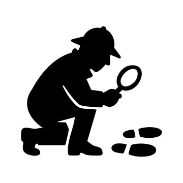 recommend clip art: Silhouette icon of a detective kneeling with magnifying glass inspecting footprints, symbolizing crime scene investigation, tracking clues, and mystery solving.
