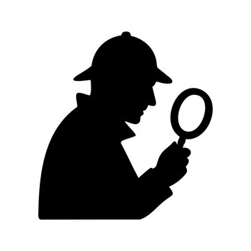 recommend clip art: Black silhouette icon of a detective figure holding a magnifying glass, symbolizing investigation, mystery solving, search concept, and private detective work.