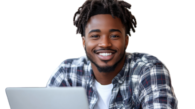 Smiling man using laptop with plaid shirt isolated on white background, casual working or browsing concept, perfect for remote work, freelance lifestyle, technology use, and modern digital themes