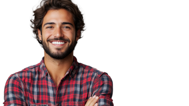 Smiling man using laptop with plaid shirt isolated on white background, casual working or browsing concept, perfect for remote work, freelance lifestyle, technology use, and modern digital themes