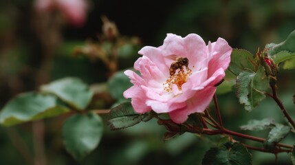 Obraz premium Bee on Delicate Pink Rose Blossom Close Up Pollinating Flower in Garden Sunny Floral Scene Outdoors