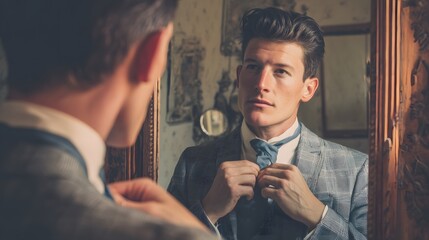 Groom prepares for a formal event, meticulously adjusting his tie in the mirror, radiating confidence and elegance for the day ahead.