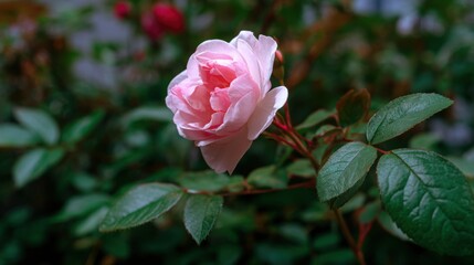 Delicate Pink Rose Bloom in Verdant Garden Close Up Portrait with Soft Focus and Dreamy Aesthetic