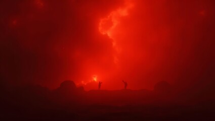 Silhouette of Figures Against Fiery Red Sky with Smoke and Flames, Dramatic Atmosphere, Adventure Photography