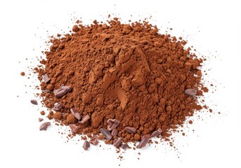 A heap of cocoa powder with scattered chocolate pieces on a plain white surface in a studio shot