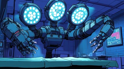 The robot with mechanical arms easily hovers over the operating table, its surgical instruments glisten in bright light as it prepares for precision work.