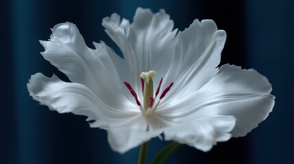 Fototapeta premium Elegant White Parrot Tulip Bloom Against Dark Backdrop Showcasing Floral Beauty and Delicacy