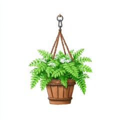 Pixel art illustration of a hanging fern plant in a brown wooden pot with white flowers. The plant is lush and green, and the pot is simple and rustic. The background is white.