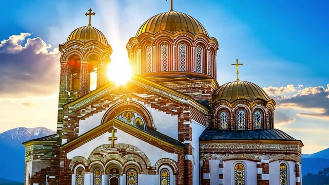 Beautiful Byzantine Style Church with Golden Domes Surrounded by Mountains and Vibrant Sunset Sky