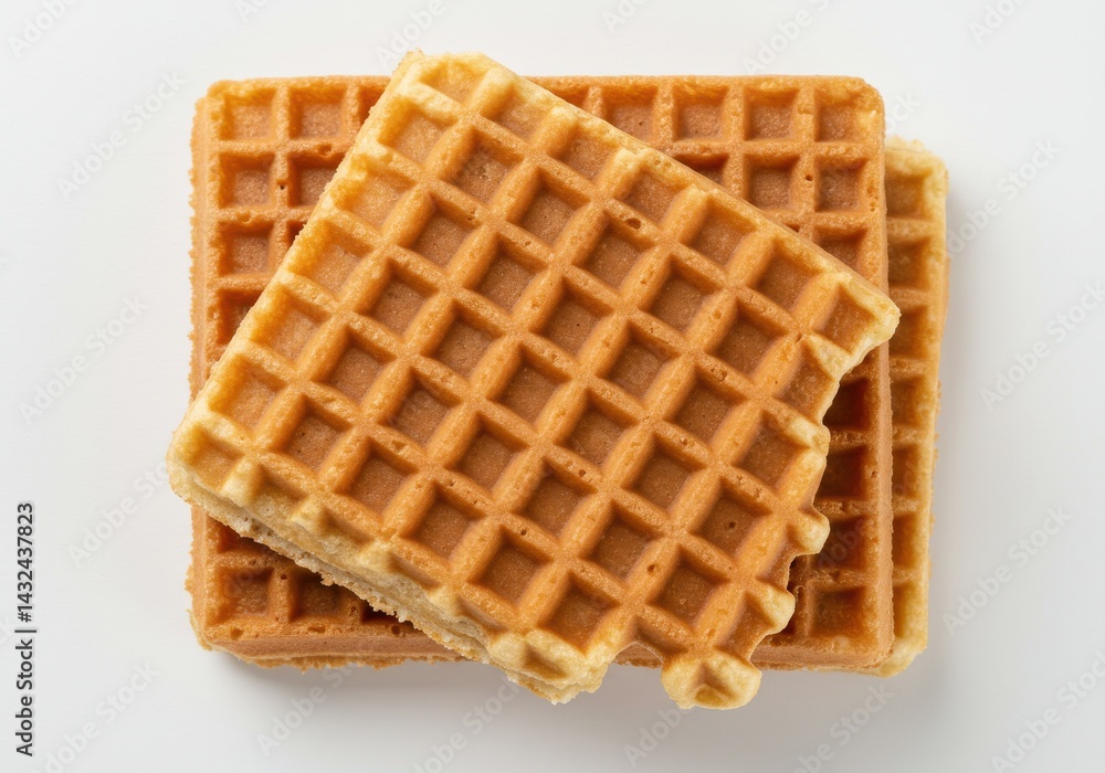 Aufkleber stack of three square waffles on a white surface with a bite taken out of the top waffle piece