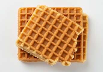Stack of three square waffles on a white surface with a bite taken out of the top waffle piece