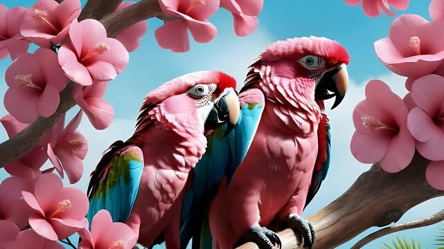 Two colorful parrots sitting on a branch with pink flowers.