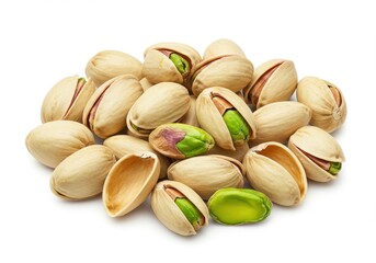 A group of pistachios with shells and some without on a white background in a close up shot view