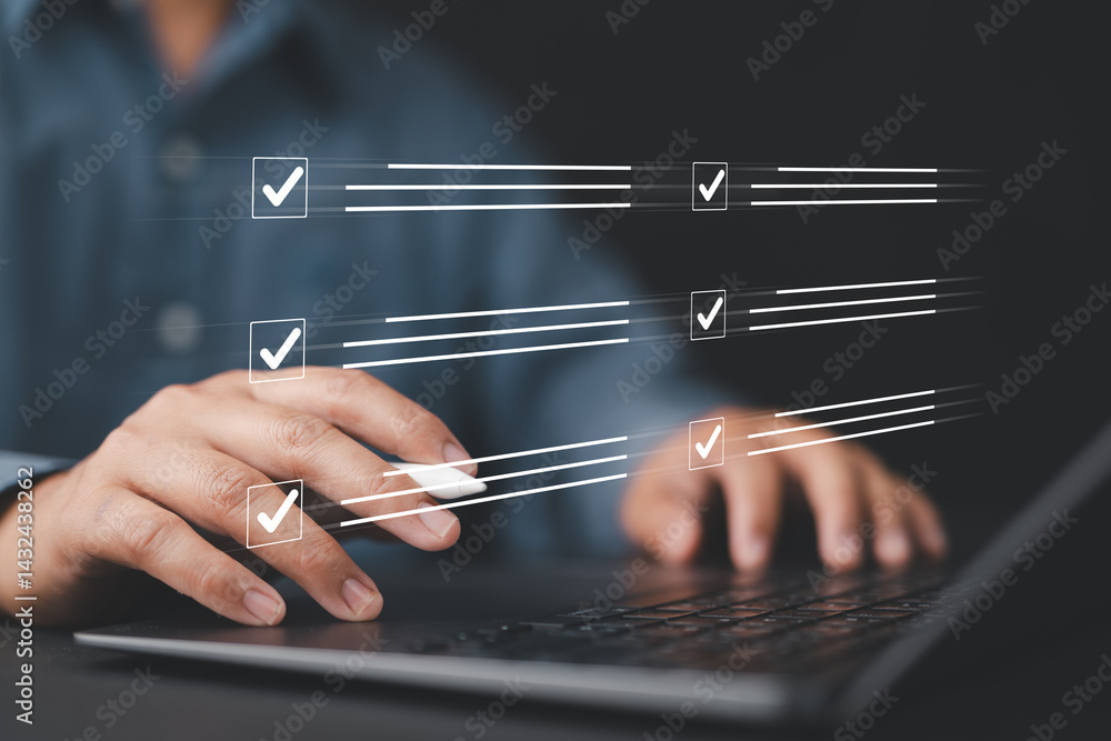 Poster Digital to do list system displayed over man working on laptop, focusing on productivity, task management, and strategic planning for successful project execution in personal or business setting
