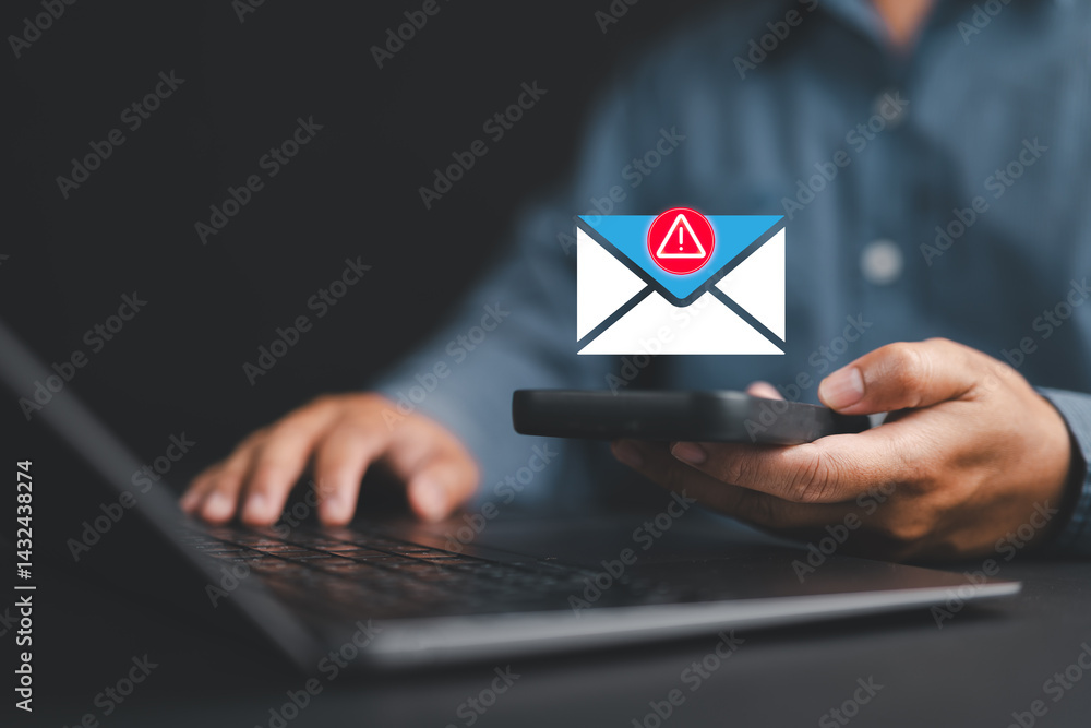 Poster Man with email hacked warning alert notification, junk mail, scam malware spreading virus on message alert virtual on smartphone. Potential cybersecurity threats and warnings.