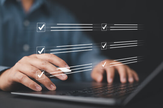 Digital to do list system displayed over man working on laptop, focusing on productivity, task management, and strategic planning for successful project execution in personal or business setting