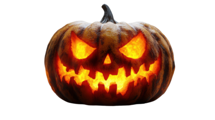 Spooky carved Halloween pumpkin with glowing eyes and eerie expression, isolated on transparent background, perfect for seasonal designs, party invitations, posters, and horror-themed digital art
