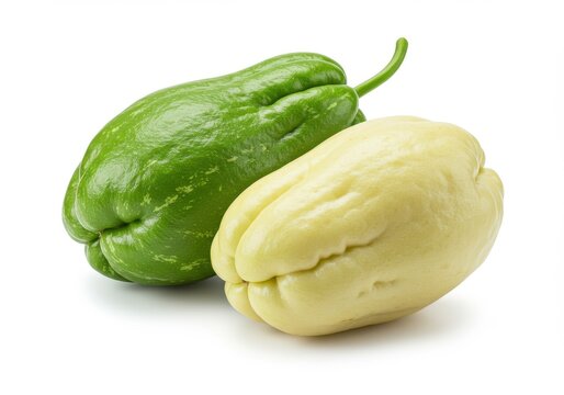 Two chayotes one green and one light yellow on a white background in a studio shot close up view