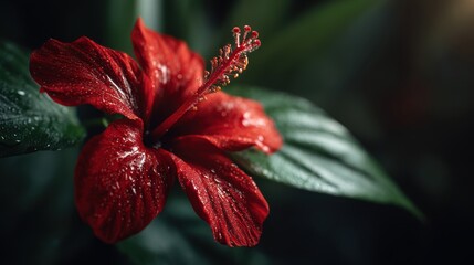 Vibrant Red Hibiscus Bloom Showing Delicate Petals and Stamens Against Dark Green Foliage Backdrop