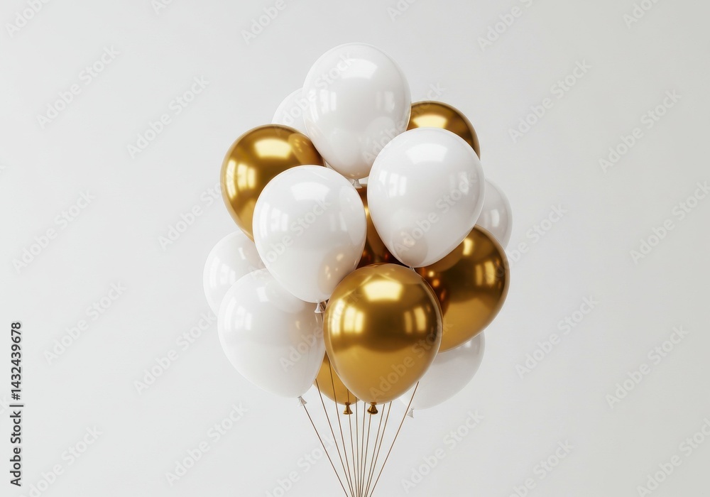 Poster a bunch of white and gold balloons tied together on a white background in a studio setting viewed up
