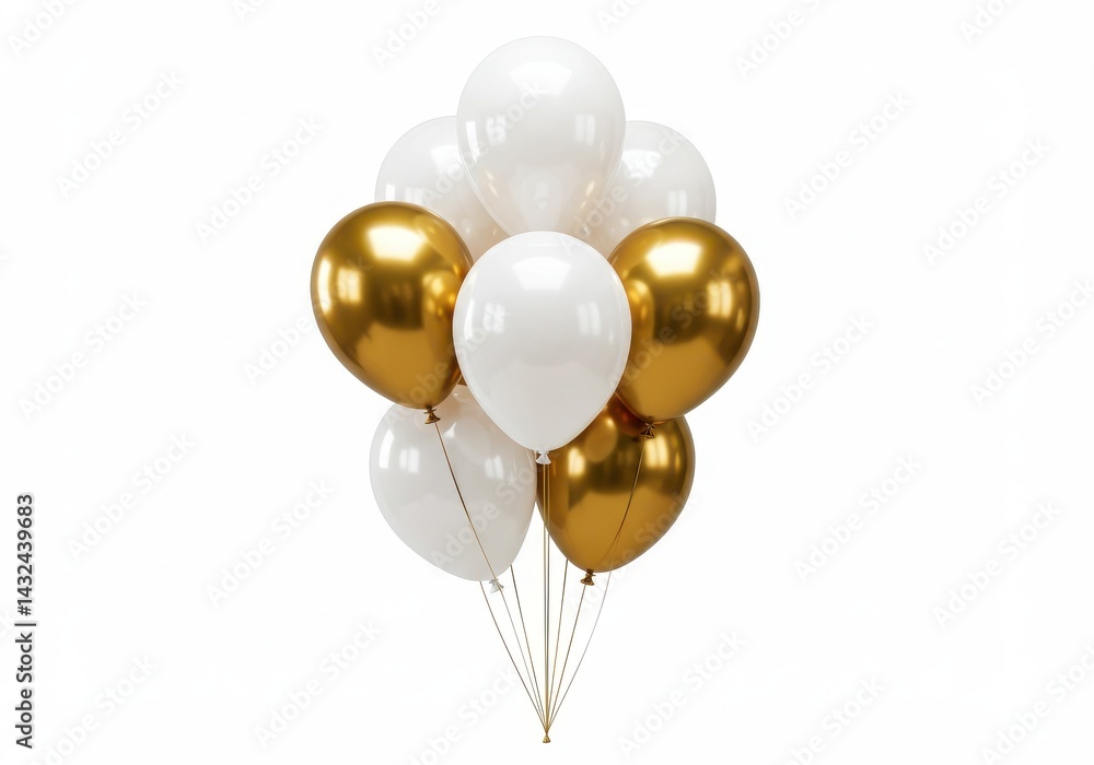 Poster a bunch of white and gold balloons floating against a plain white background in a studio setting