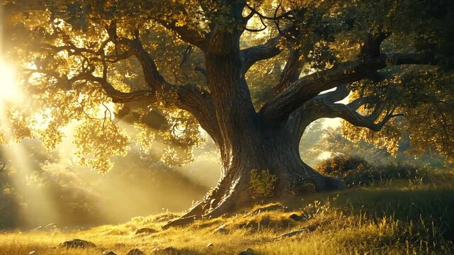 Majestic old tree in a sunny meadow, shining light through leaves in slow motion