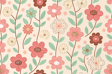 Generate a seamless pattern featuring simple, naive-style flower shapes in a minimalist aesthetic. The design should be clean and repeatable.