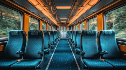 Obraz premium Empty train car interior, countryside view, seated passenger, travel