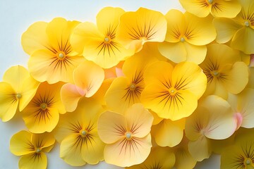 Obraz premium Close-up of many yellow pansies on white background. Possible use floral design or botany