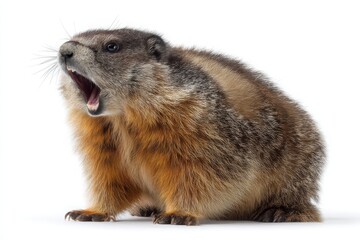 Fototapeta premium A Giant Fat Marmot Standing Yawning on White Background, Close-Up Photography