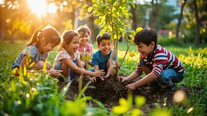 Children planting tree together in sunny park