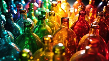 Colorful glass bottles arranged in vibrant pattern