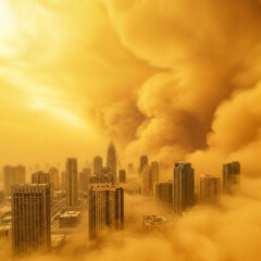 마천루 높은 빌딩의 도시와 황사 미세먼지가 가득한 도시 배경