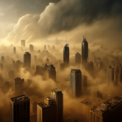 Fototapeta premium 마천루 높은 빌딩의 도시와 황사 미세먼지가 가득한 도시 배경