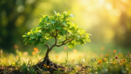 Young tree with exposed roots in morning light