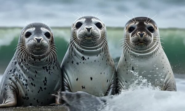 Three harbor seals on a beach, ocean waves background