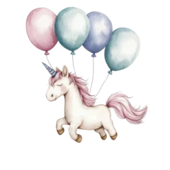 Fototapete Pony A unicorn is flying through the sky with four balloons. The balloons are in different colors, including pink, blue, and purple. The scene is whimsical and playful  © easybanana