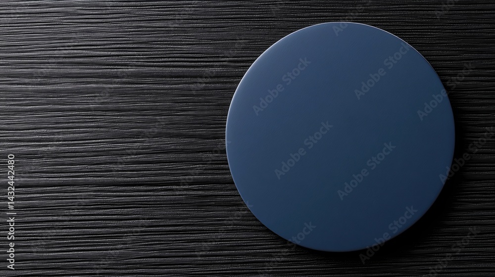 Poster a round navy blue object rests on a textured black surface, creating a modern and minimalist aesthet
