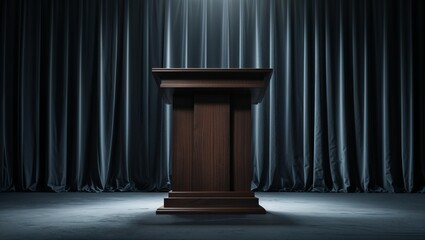 A Dark Wooden Podium in a Dramatic Setting with Elegant Curtains for Public Speaking