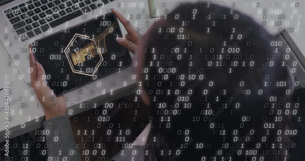 Poster woman exploring network visualization on tablet at office desk, with floating binary code overlay