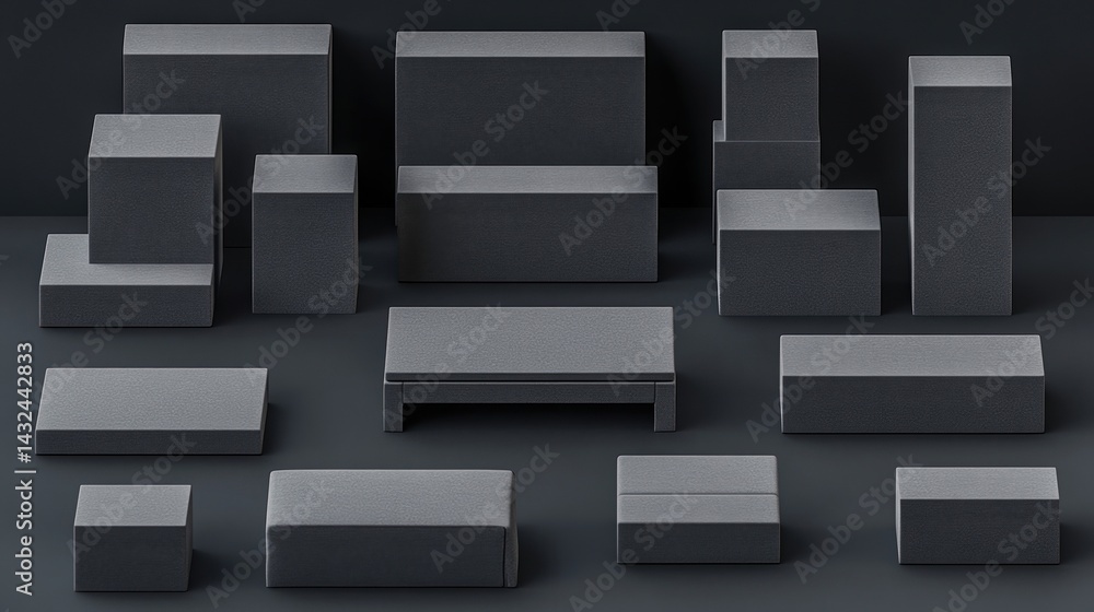 Poster a collection of geometric blocks in various shapes and sizes, displayed on a dark background, showca