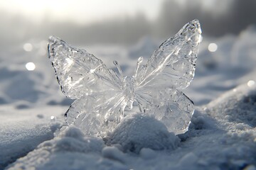 Obraz premium Ice butterfly decoration sitting on the snow of winter ground with a forest in a snowy background