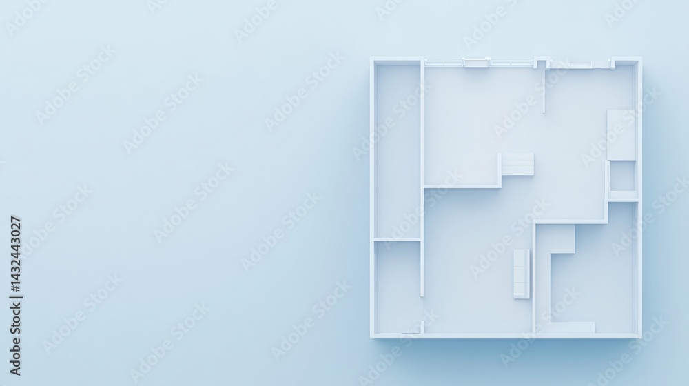 Poster a minimalist floor plan design set against a soft blue background, emphasizing simplicity and spatia