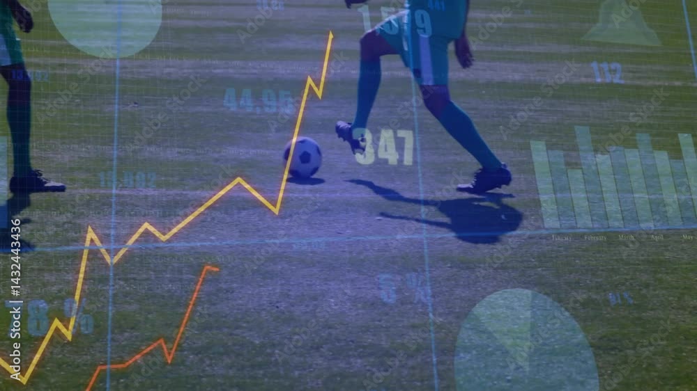 Poster soccer player controlling ball on field, with sports analytics line graphs and numeric overlays