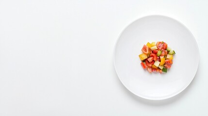 A minimalist plate featuring a colorful assortment of diced vegetables, highlighting freshness and simplicity.